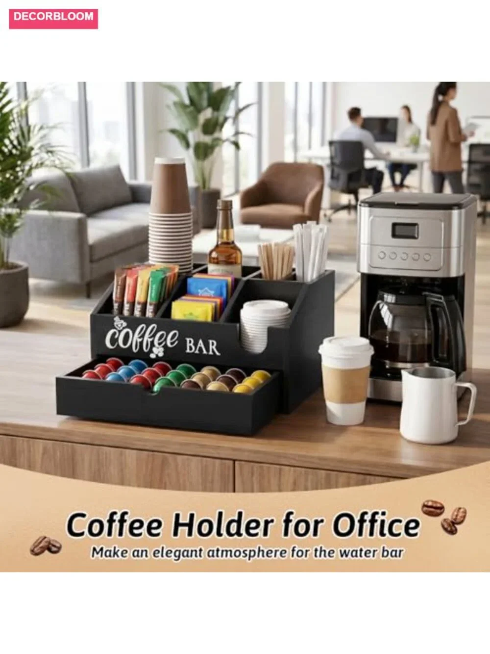 Wooden Coffee Station Organizer with Drawer and 7 Compartments, Rustic Coffee